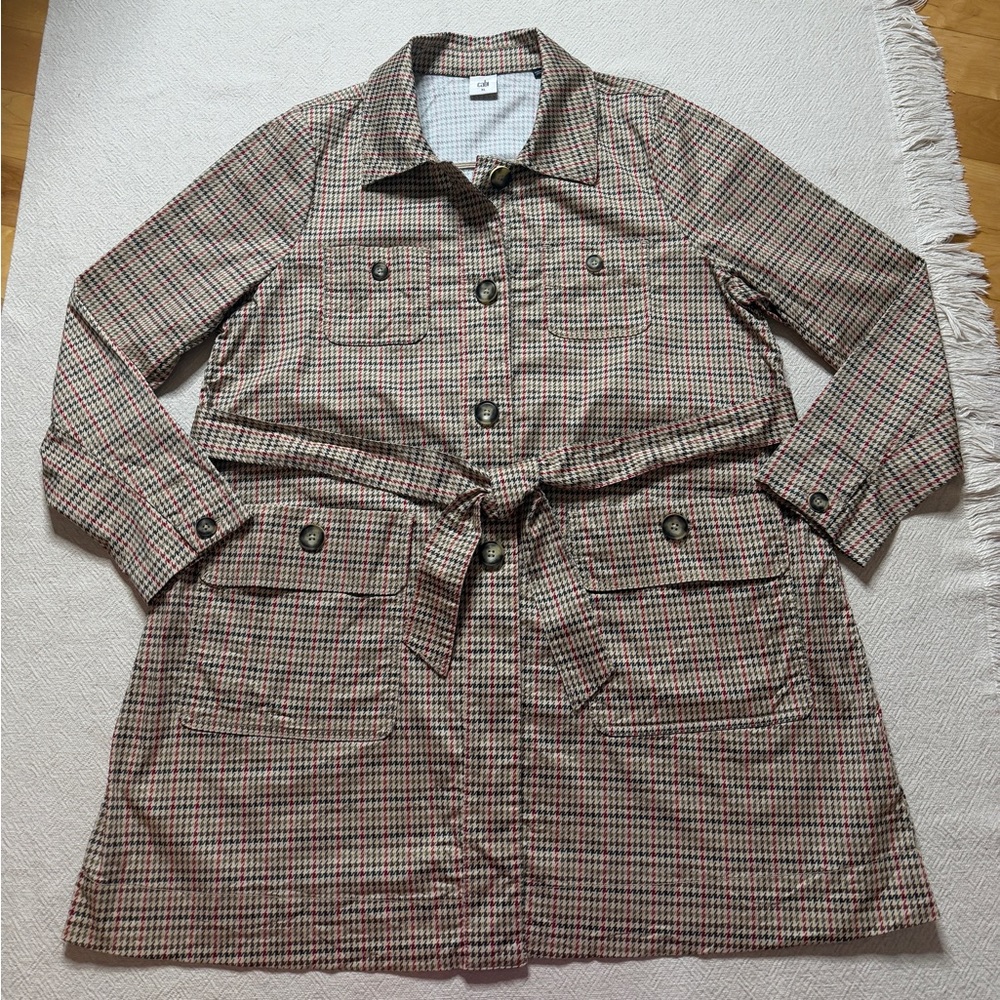 Cabi Houndstooth Print Beige Trench Coat Belted XL Preppy Spring - Picture 2 of 9